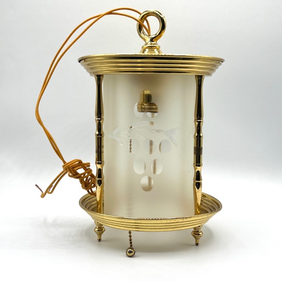 Antique Brass Pendant Light Fixture With Frosted Cylindrical Shade Grape Design
